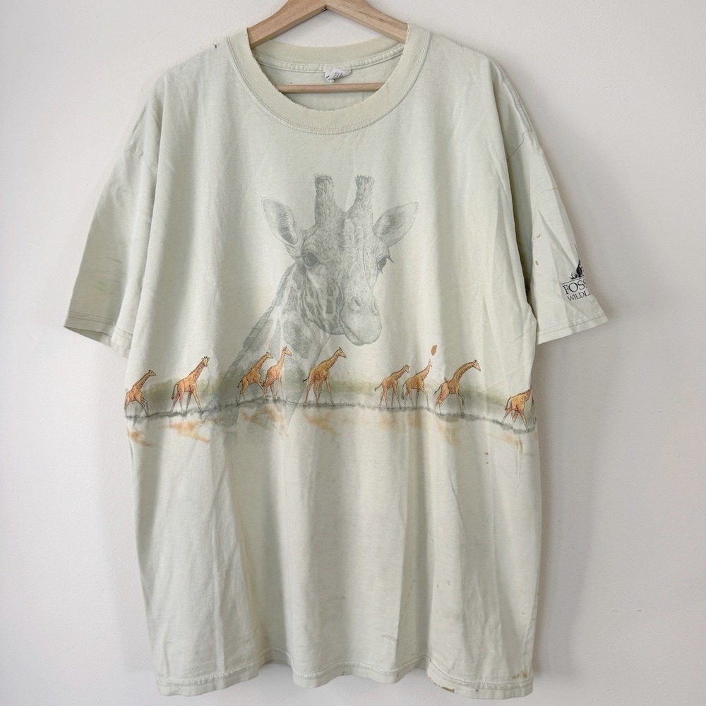 Vintage 90's Giraffe Nature Animal Wrap Around Cream White Tee Shirt - XL